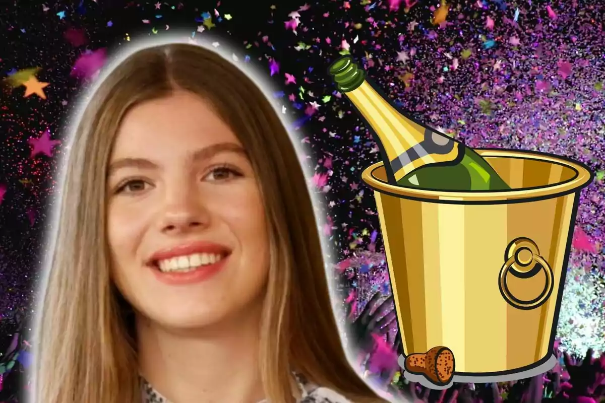 Una persona somrient al costat d'un cubell amb una ampolla de xampany i un fons de confeti i estrelles.
