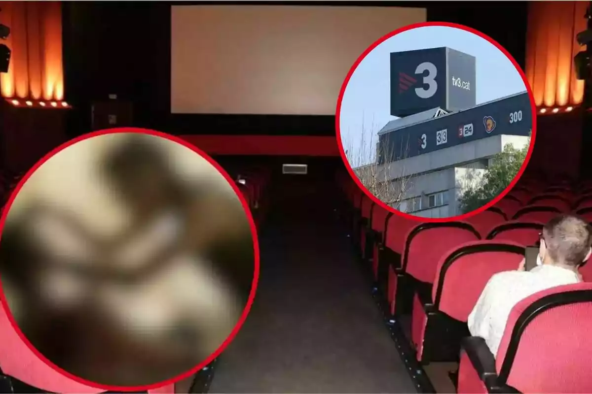 Una sala de cine vacía con asientos rojos y dos imágenes circulares superpuestas, una borrosa y otra de un edificio con el logo de "3" y "tv3.cat".