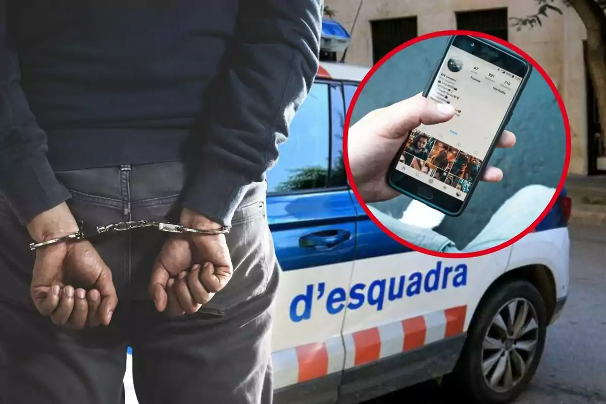 Persona emmanillada davant d'un cotxe de policia amb un cercle vermell que mostra una mà sostenint un telèfon mòbil.