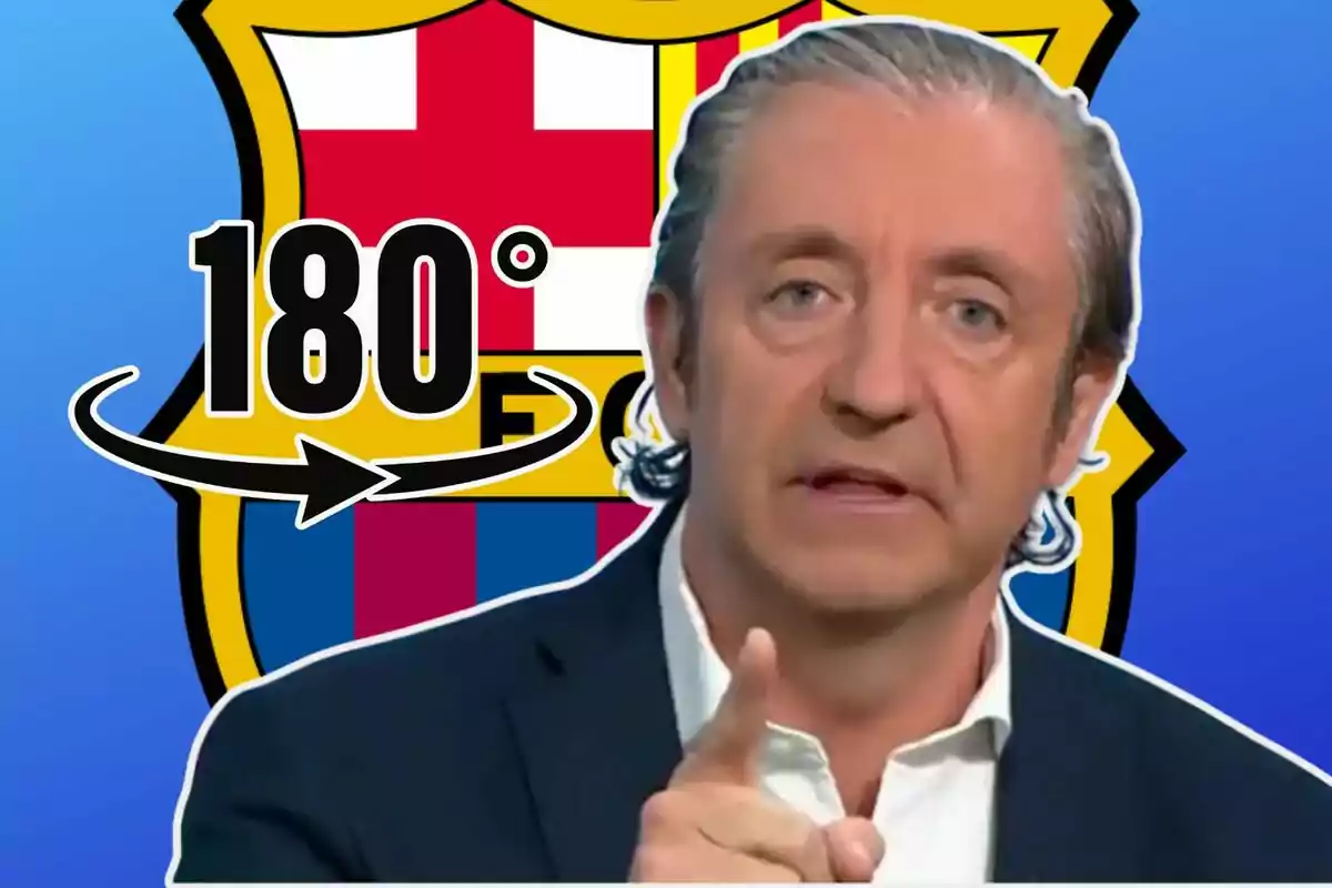 Un home en vestit assenyala amb el dit, amb un fons de l'escut del FC Barcelona i un gràfic de 180 graus.