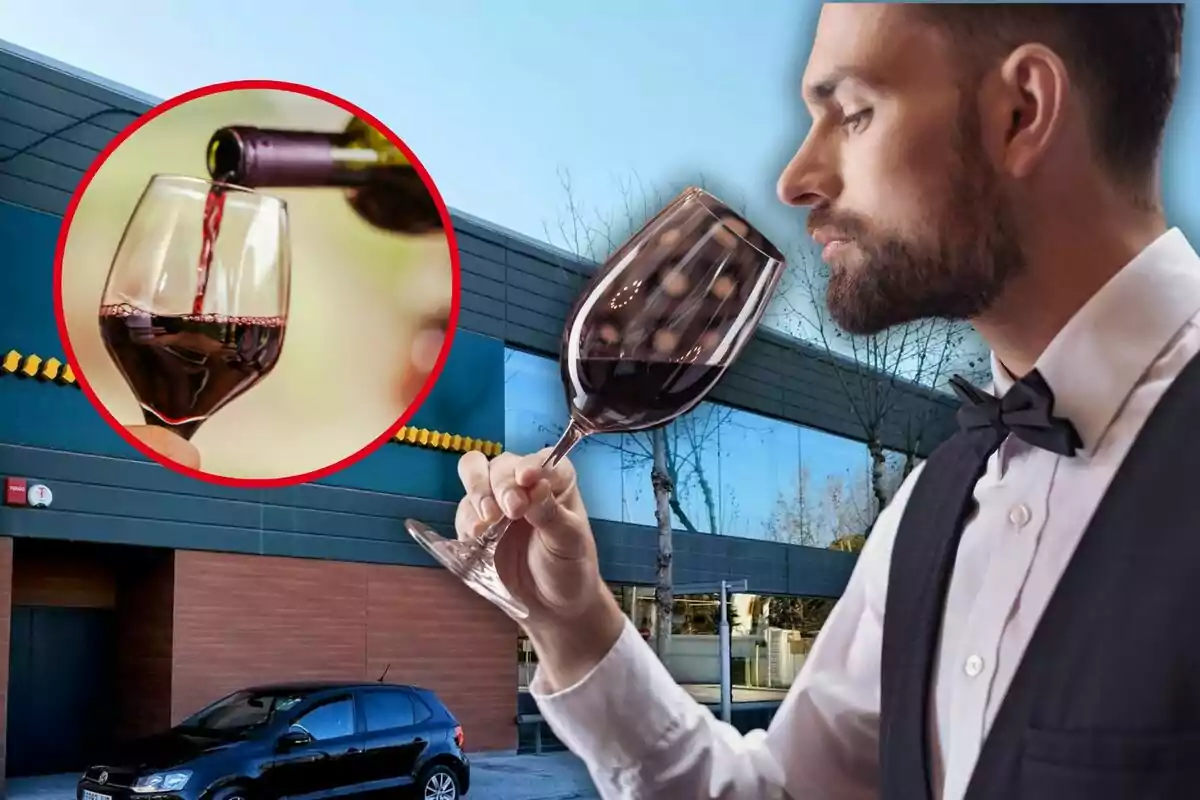 Un hombre vestido formalmente sostiene una copa de vino tinto frente a un edificio moderno, con un recuadro que muestra vino siendo servido en otra copa.