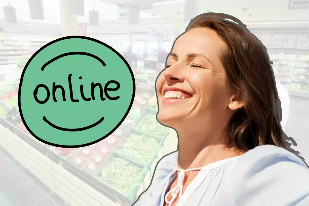 Una mujer sonriente con los ojos cerrados está superpuesta sobre un fondo de supermercado, junto a un gráfico verde que dice "online".