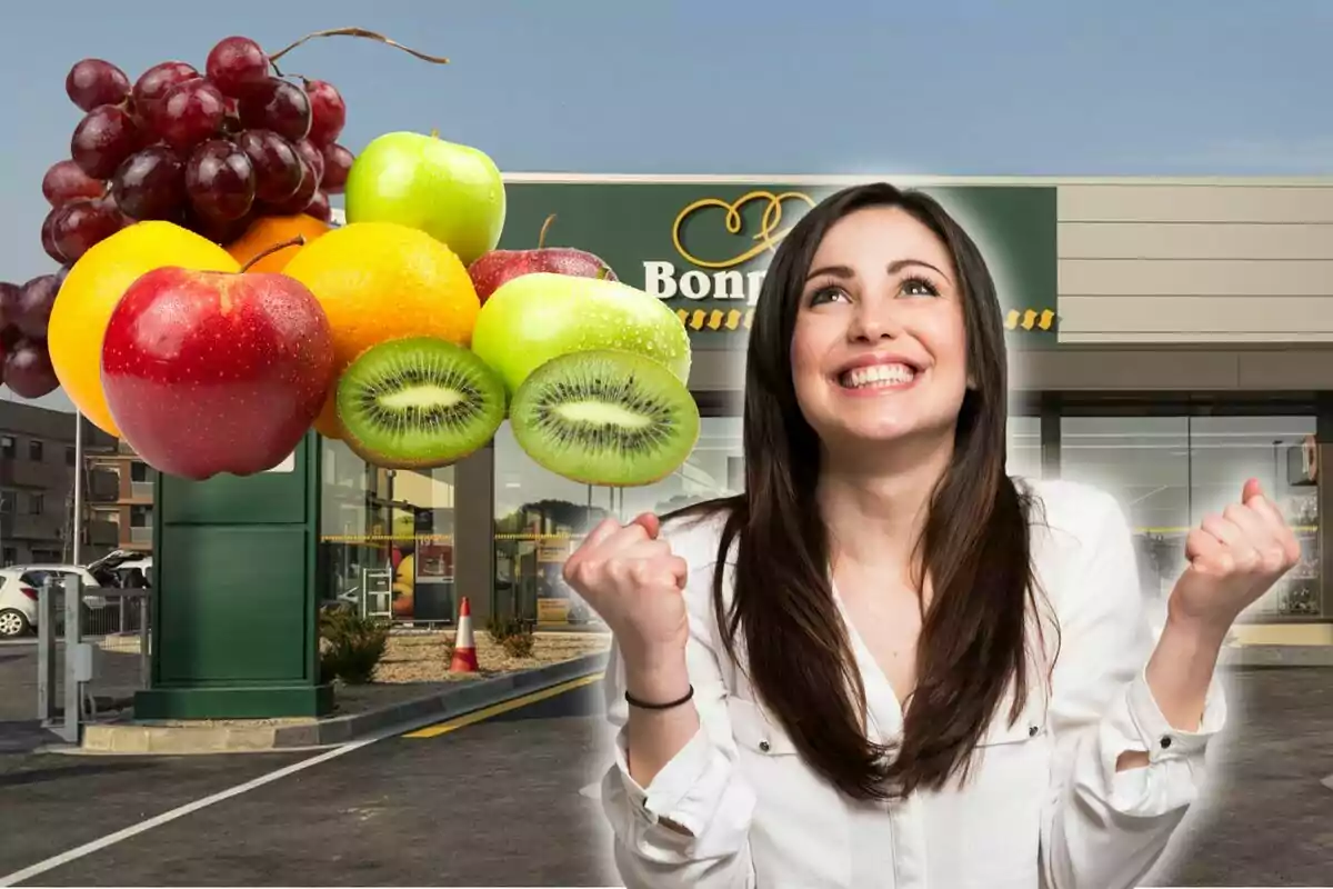 Dona somrient amb expressió d’alegria davant d’una botiga i fruites variades en primer pla