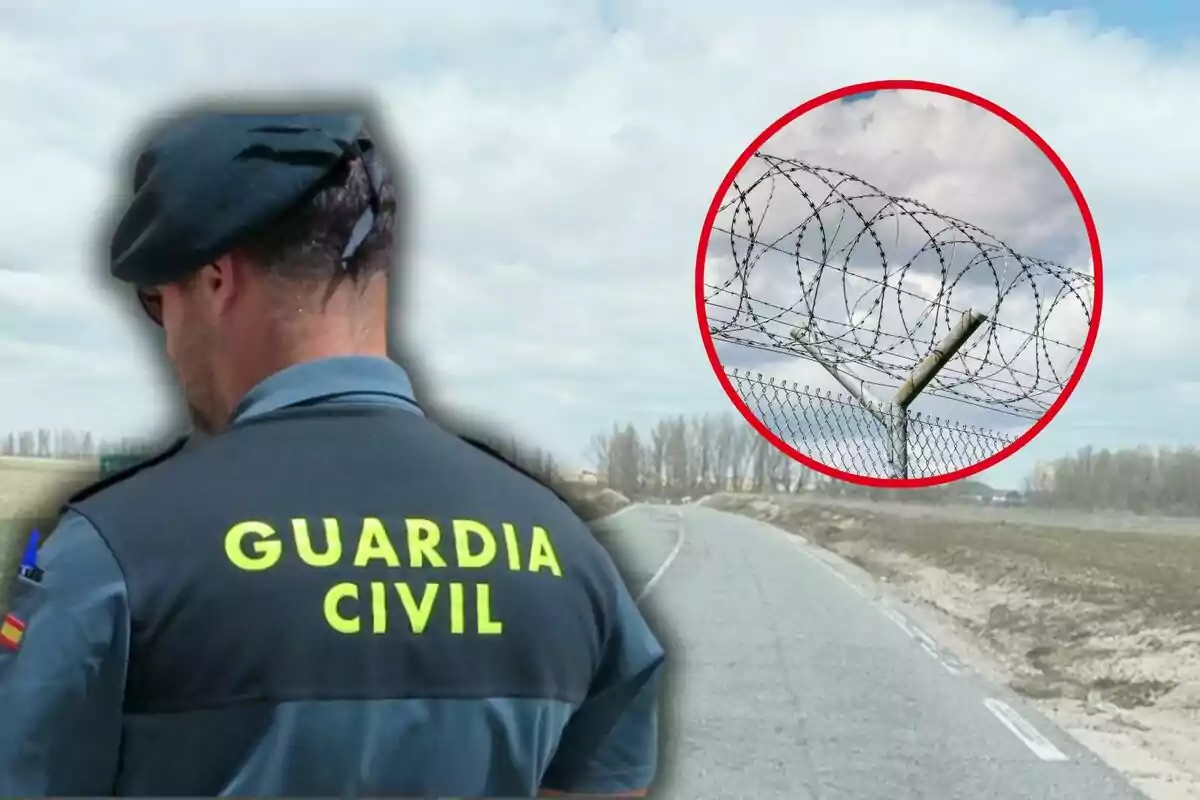 Un agente de la Guardia Civil de espaldas con una carretera y un campo en el fondo, y un círculo rojo que destaca una cerca con alambre de púas.