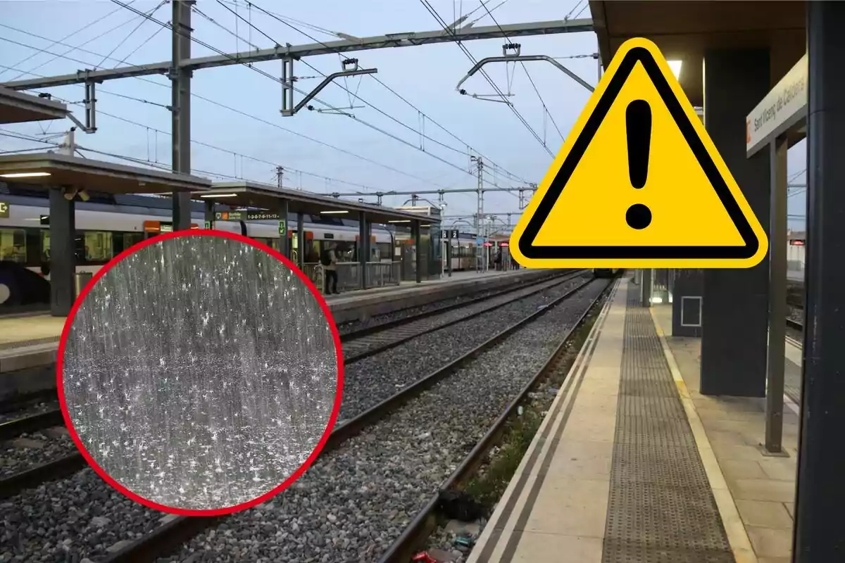 Estación de tren con un símbolo de advertencia amarillo y un círculo que muestra lluvia intensa.