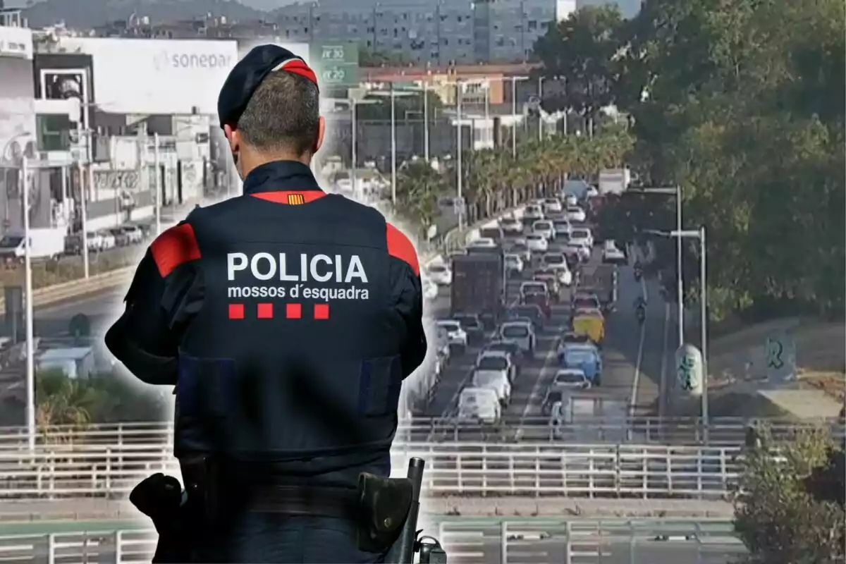 Agent dels Mossos d'Esquadra d'esquena observant una carretera amb trànsit dens en una ciutat