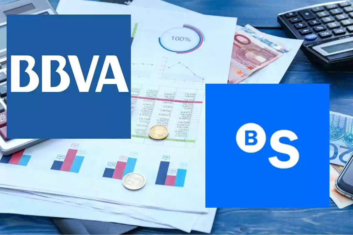 Logotips de BBVA i Banc Sabadell sobre documents financers, bitllets d’euro, monedes, una calculadora i un telèfon mòbil