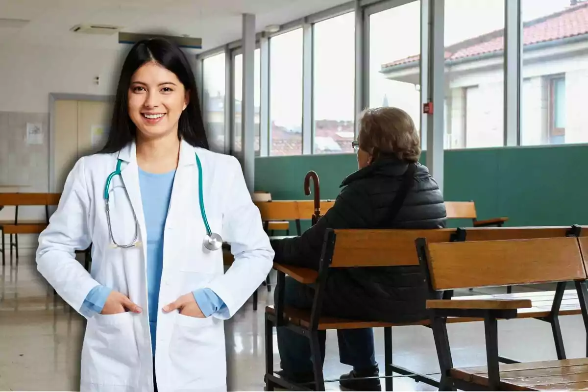 Una metge somrient amb bata blanca i estetoscopi en un passadís dhospital amb una persona asseguda en un banc. Una metge somrient amb bata blanca i estetoscopi en un passadís dhospital amb una persona asseguda en un banc.