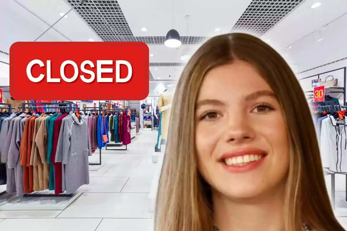 Smiling young person in front of a closed clothing store with a red sign that says CLOSED