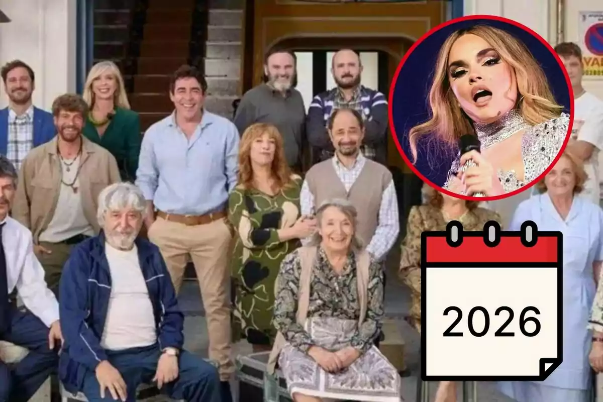 Un grup de persones posant per a una foto, amb un cercle que mostra una cantant i un calendari que indica l'any 2026.