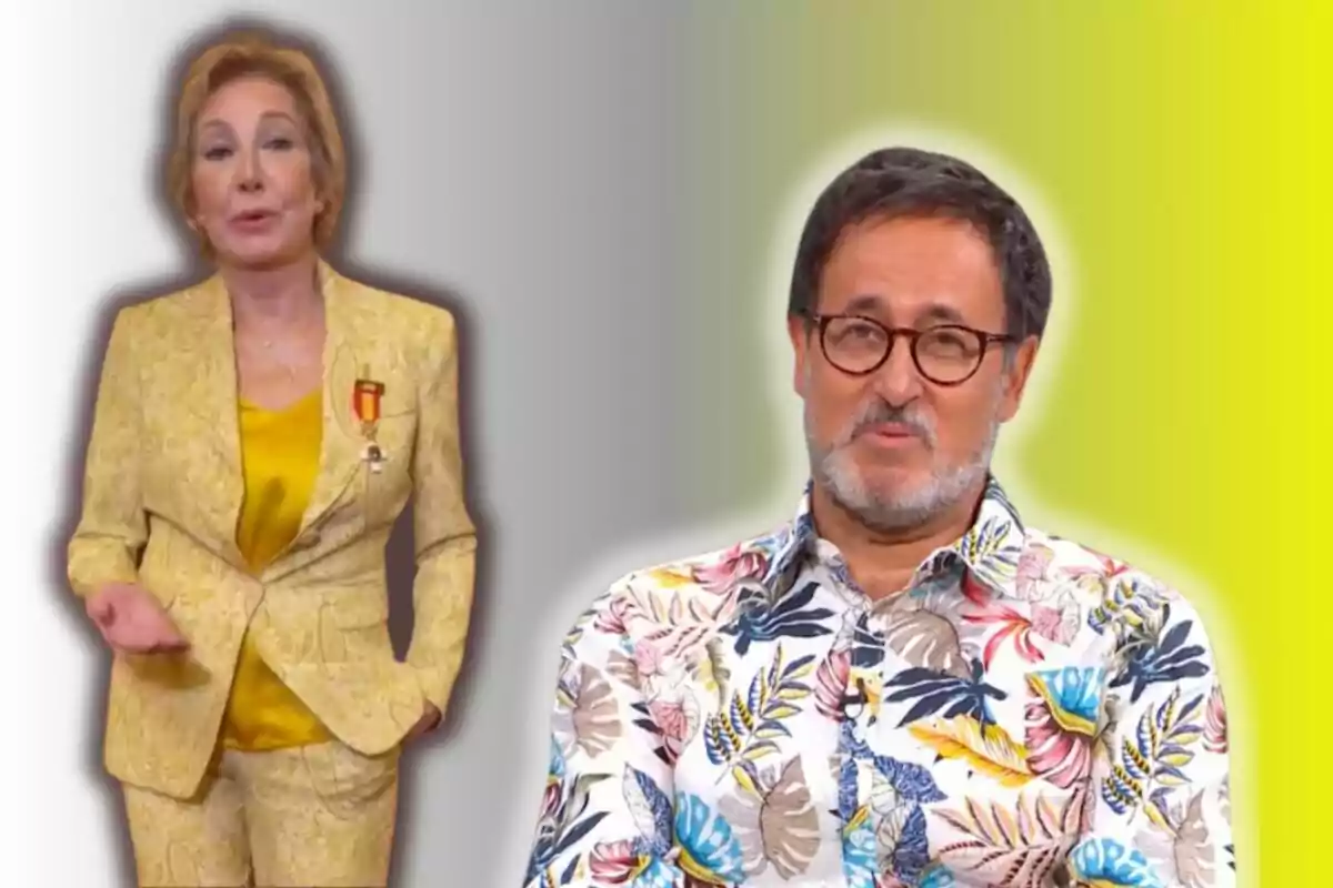 Una mujer con traje amarillo y un hombre con camisa de estampado floral posan frente a un fondo degradado de gris a amarillo.