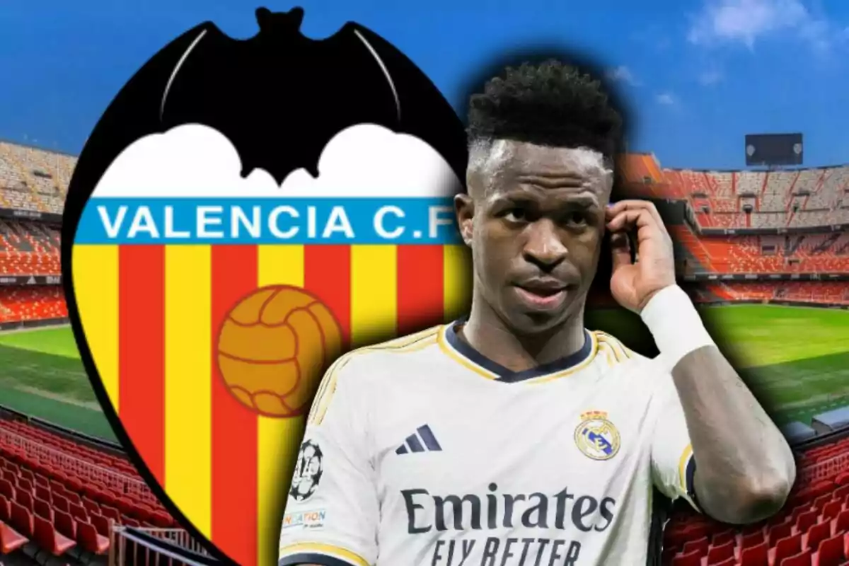 Un jugador de futbol amb la samarreta del Reial Madrid apareix davant de l'escut del València C.F. i l'estadi de Mestalla.