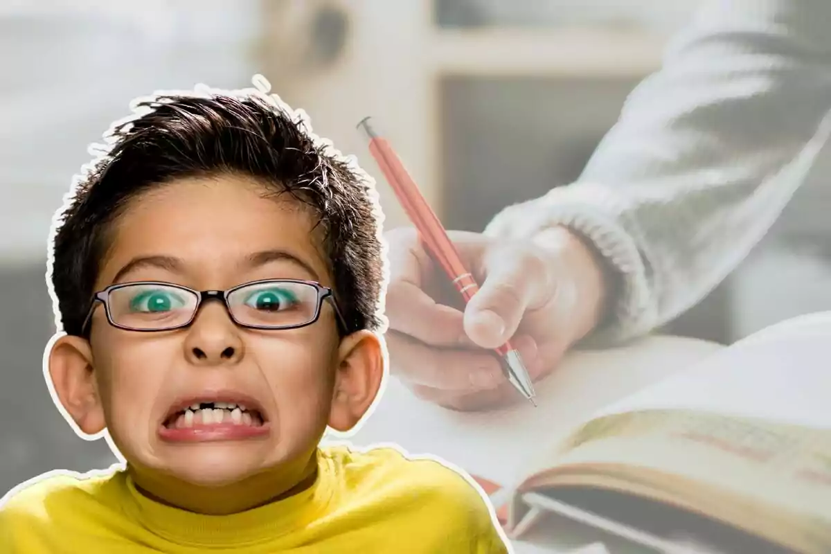 Un niño con expresión de sorpresa o miedo frente a una imagen de una mano escribiendo en un cuaderno.