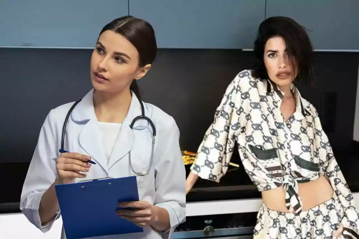 Dos mujeres en un entorno interior, una vestida con bata de médico sosteniendo una carpeta y la otra con un conjunto estampado posando frente a una cocina.