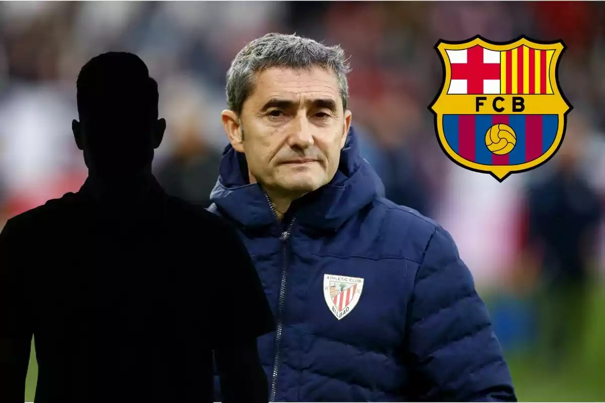 Un hombre con chaqueta del Athletic Club junto a una silueta y el escudo del FC Barcelona.