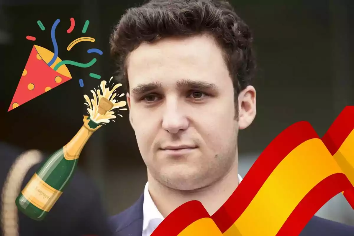 Jove de cabell arrissat amb expressió seriosa envoltat d’il·lustracions festives com una ampolla de xampany, confeti i una bandera d’Espanya