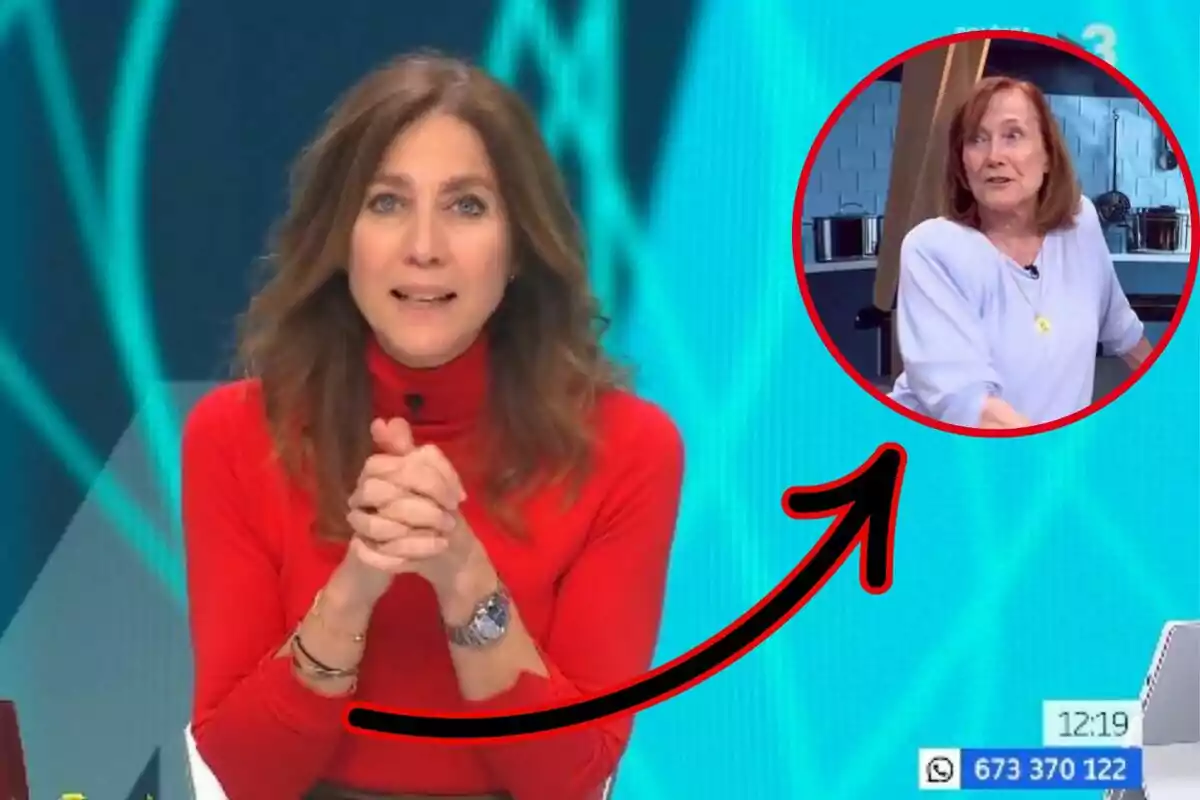 Una presentadora de televisión con un suéter rojo aparece en un estudio, mientras un recuadro circular muestra a otra mujer en un entorno diferente, con una flecha roja señalando hacia el recuadro.