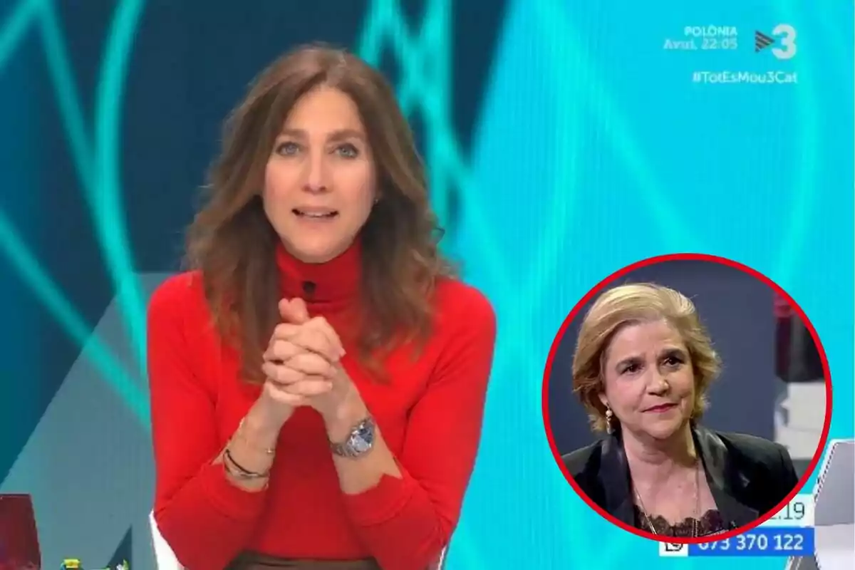 Mujer con suéter rojo hablando en un programa de televisión con un recuadro que muestra a otra mujer en la esquina inferior derecha.