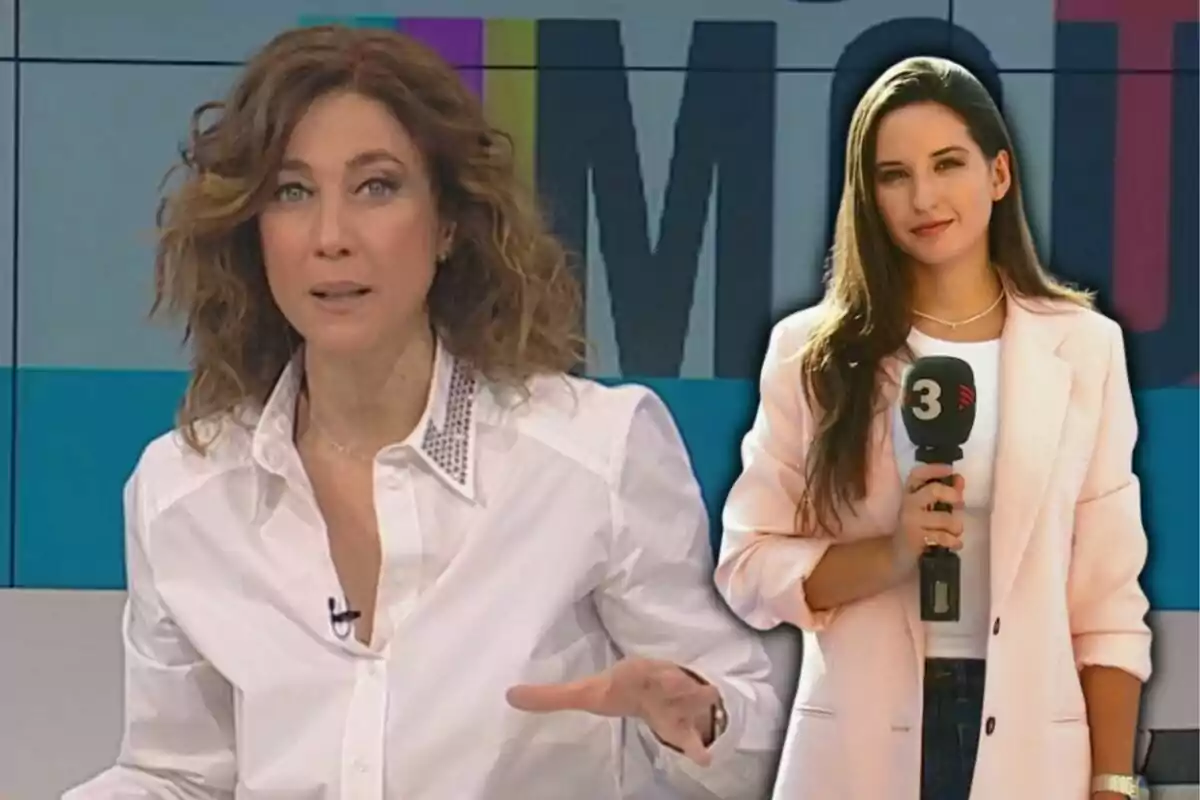 Dues dones amb roba formal apareixen en un plató de televisió, una d'elles sosté un micròfon amb el logotip d'un canal.