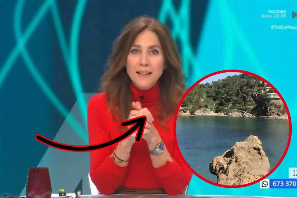 Presentadora de televisió amb jersei vermell en un plató de notícies, al costat d’un cercle que mostra una roca al mar amb arbres al fons i una fletxa negra assenyalant la imatge inserida.