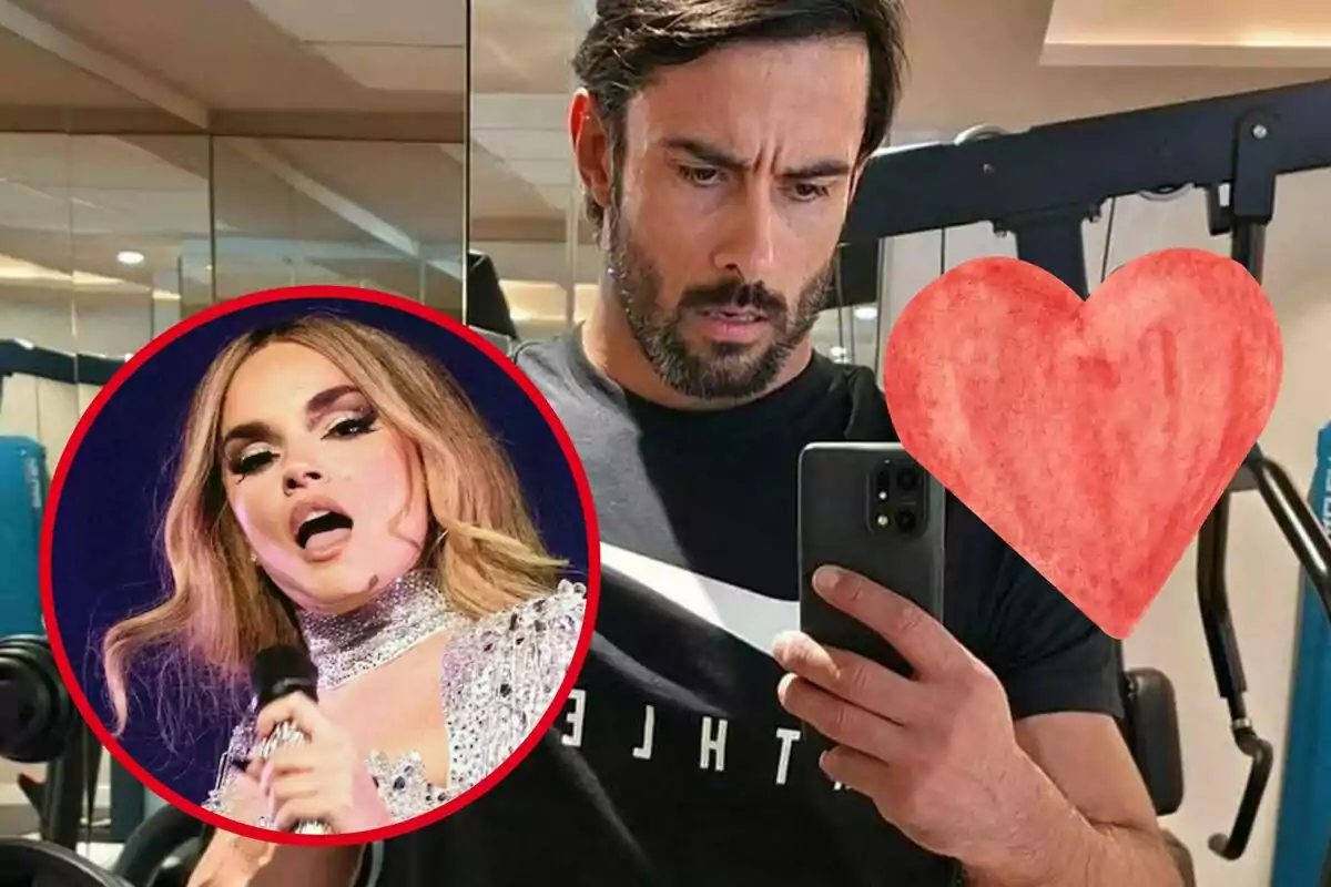 Un home amb barba es fa una selfie al gimnàs mentre un cercle vermell mostra una dona cantant, i un cor vermell està superposat a la imatge.