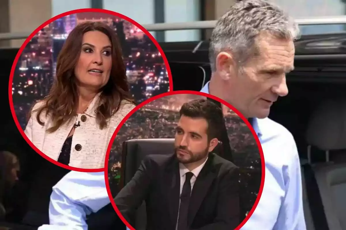 Montage with three people, a woman and a man in red circles over a television studio background, and a gray-haired man in the foreground outdoors.