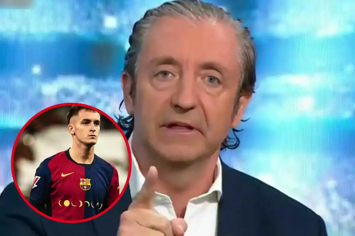 Un hombre de cabello canoso y expresión seria señala con el dedo mientras en un círculo rojo aparece un jugador de fútbol con la camiseta del Barcelona.