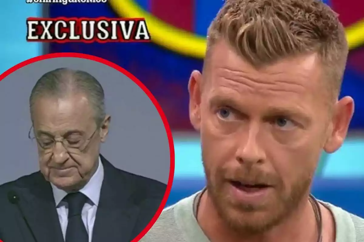 Un home ros amb barba apareix en un programa de televisió amb la paraula "EXCLUSIVA" a la part superior i un requadre circular mostra un altre home més gran amb ulleres i vestit.