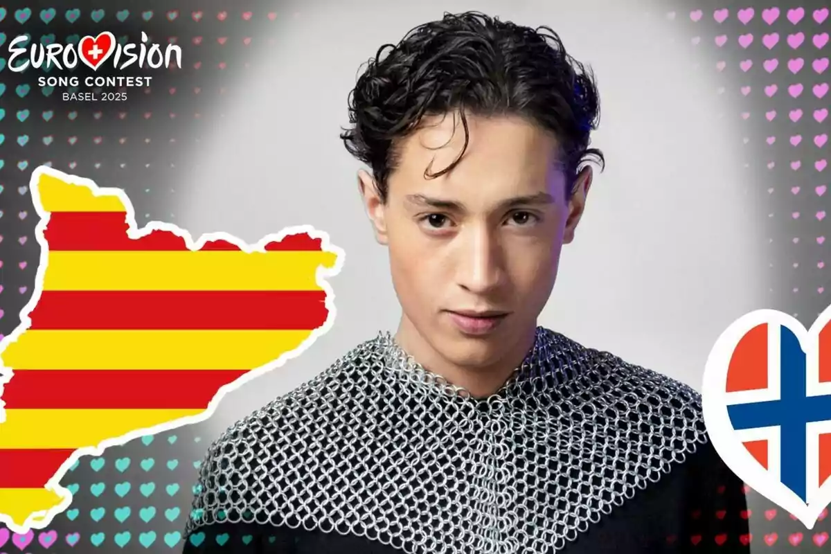 Un home amb cabell fosc i arrissat porta una camisa de malla metàl·lica, a la seva esquerra hi ha un mapa amb els colors de la bandera catalana i a la seva dreta un cor amb els colors de la bandera noruega, a la cantonada superior esquerra es llegeix "Eurovision Song Contest Basel 2025".