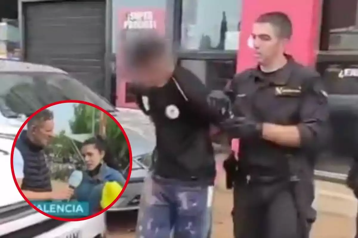 Un policía escolta a una persona esposada mientras en un recuadro se muestra una entrevista en Valencia.