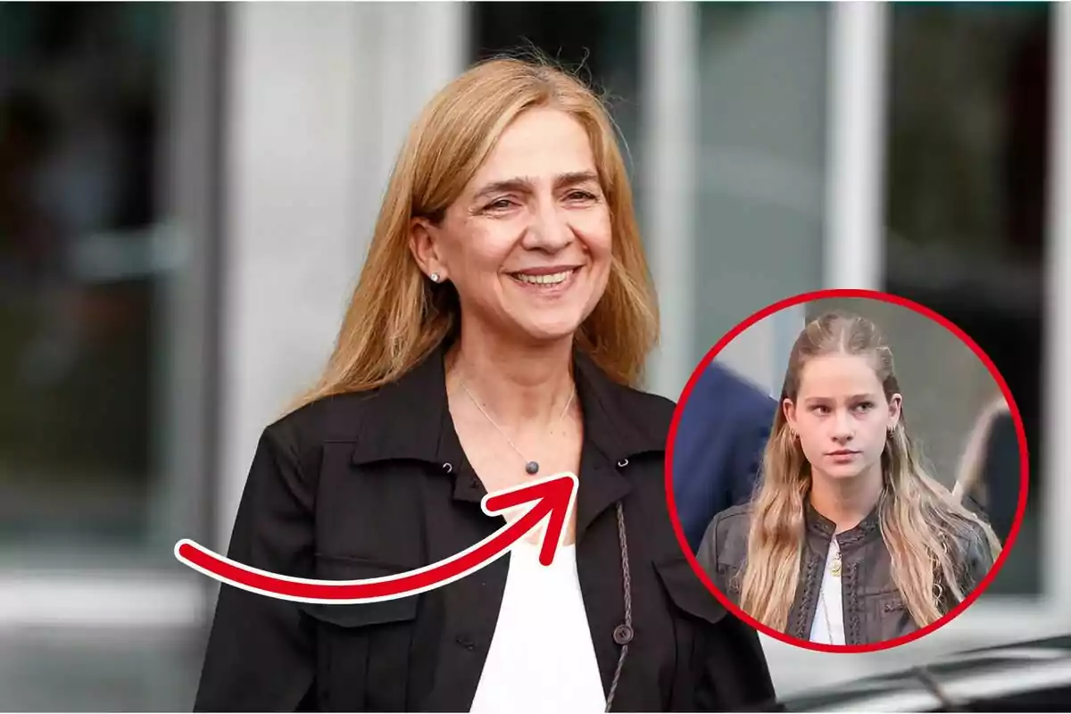 Mujer rubia sonriente con chaqueta negra y un círculo rojo que resalta a una joven de cabello largo y rubio