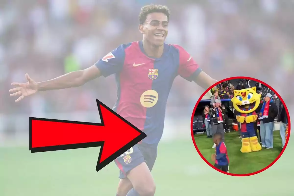 Un jugador de fútbol del Barcelona celebra en el campo mientras una flecha roja señala a una mascota sonriente en un círculo.