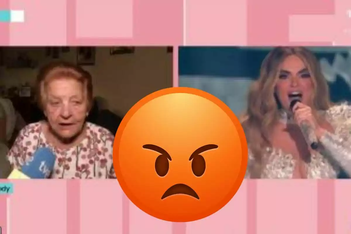 Una imatge dividida en dues parts mostra una dona gran parlant per un micròfon i una cantant actuant a l'escenari amb un emoji d'enfadament superposat al centre.