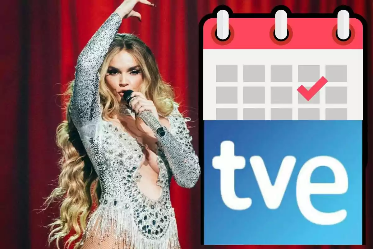Una persona amb un micròfon a la mà, vestida amb un vestit brillant, al costat d'un gràfic de calendari amb el logotip de tve.