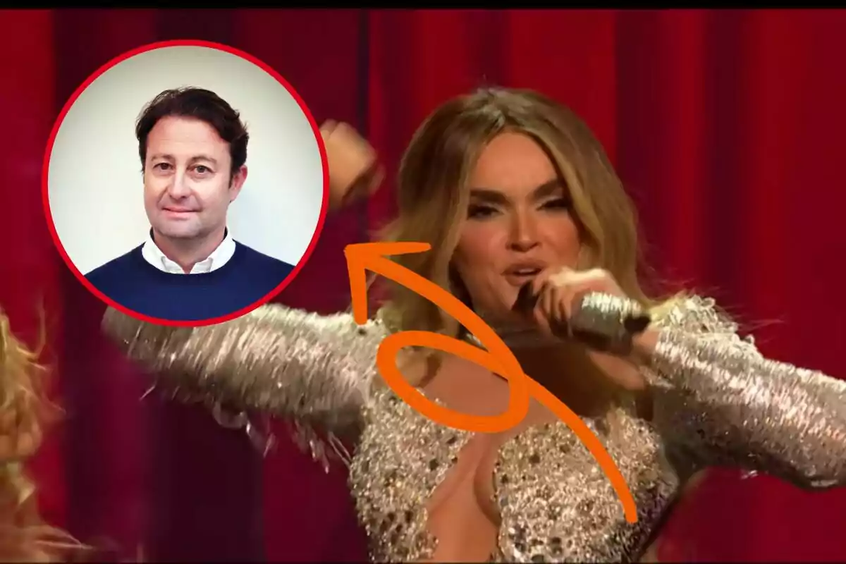 Una persona cantant en un escenari amb un micròfon i un cercle vermell que conté la imatge d'una altra persona.