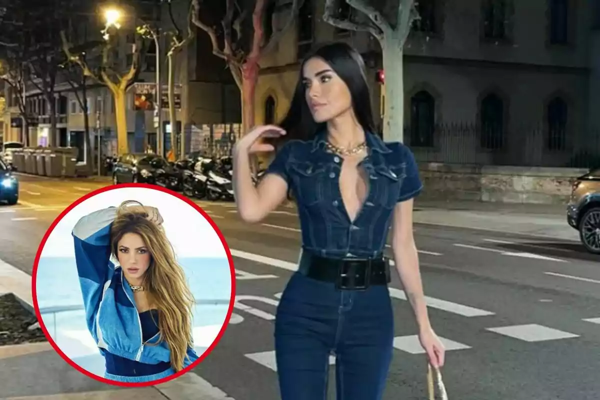 Una mujer con un conjunto de mezclilla oscuro camina por una calle iluminada por farolas, mientras en un círculo rojo se muestra la imagen de otra mujer con una chaqueta azul y el mar de fondo.