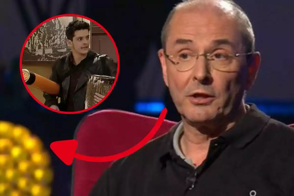 A man with glasses and a dark jersey is speaking, while an inserted circular image shows another man in a leather jacket holding an object.