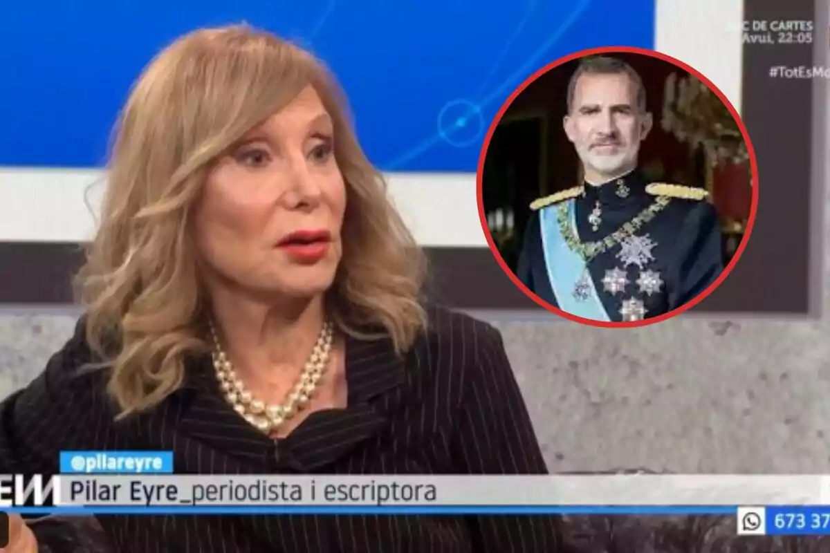 Una mujer hablando en un programa de televisión con una imagen de un hombre en uniforme militar en un círculo rojo.