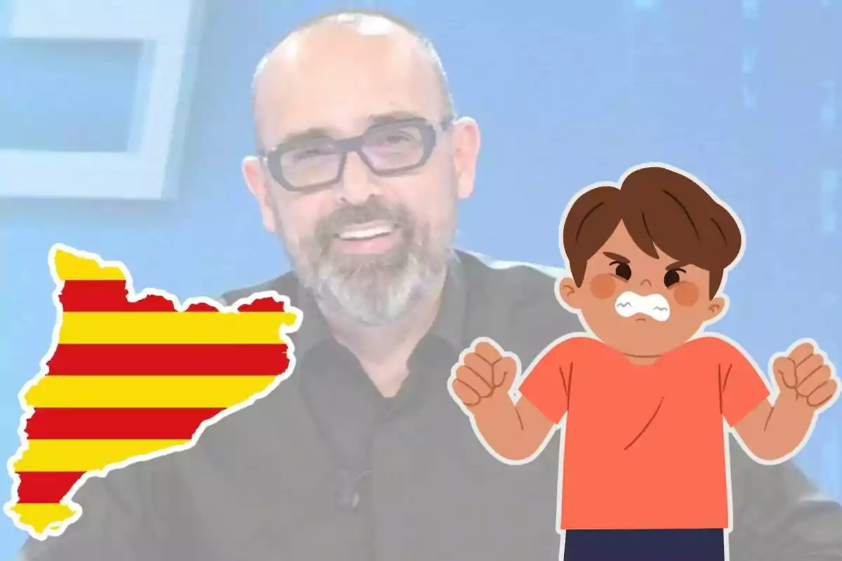 Un hombre con gafas sonríe frente a un fondo azul, acompañado de un mapa con franjas amarillas y rojas y una ilustración de un niño enojado.