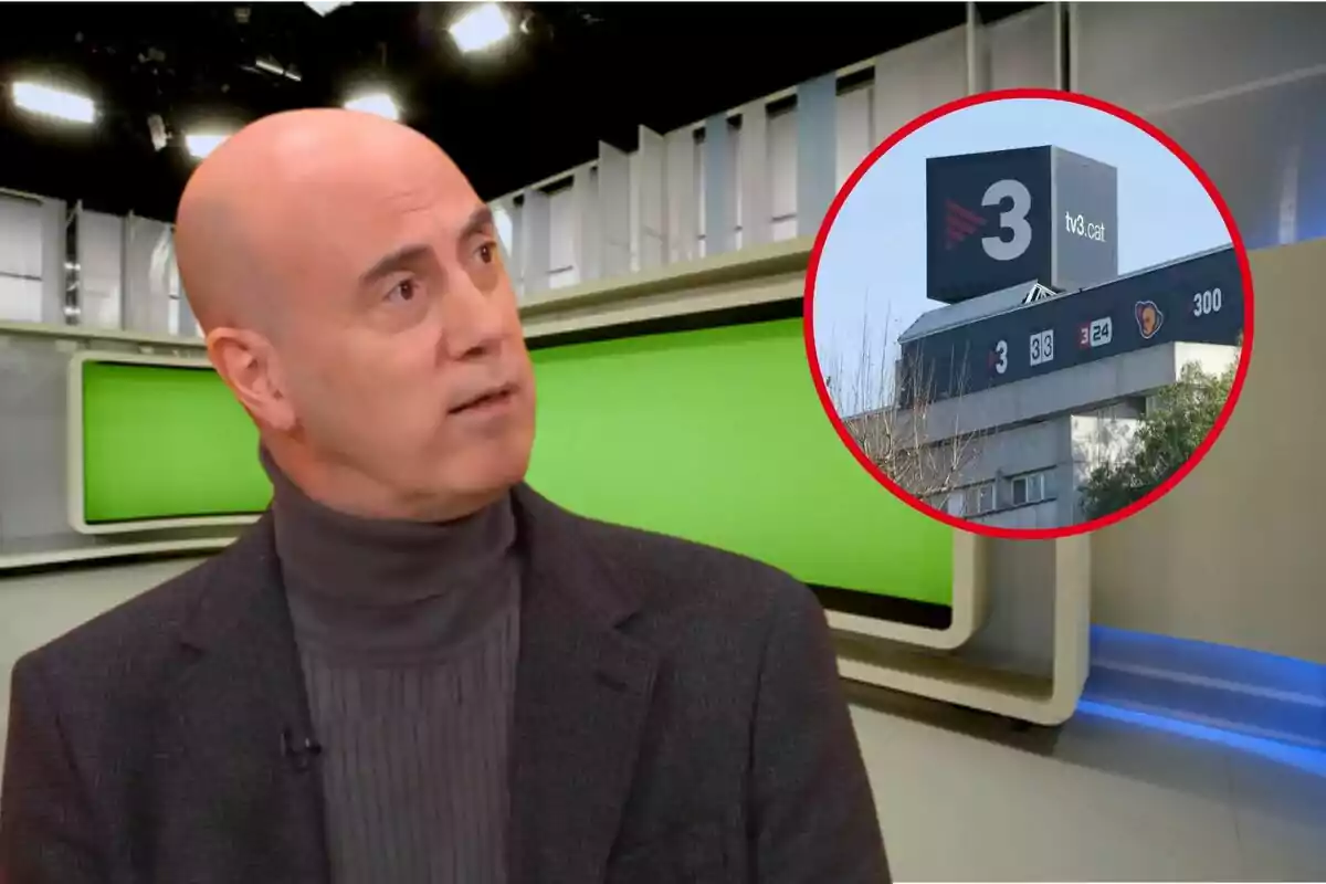 Home calb amb jersei fosc en un estudi de televisió amb pantalla verda i un requadre que mostra l’edifici de TV3