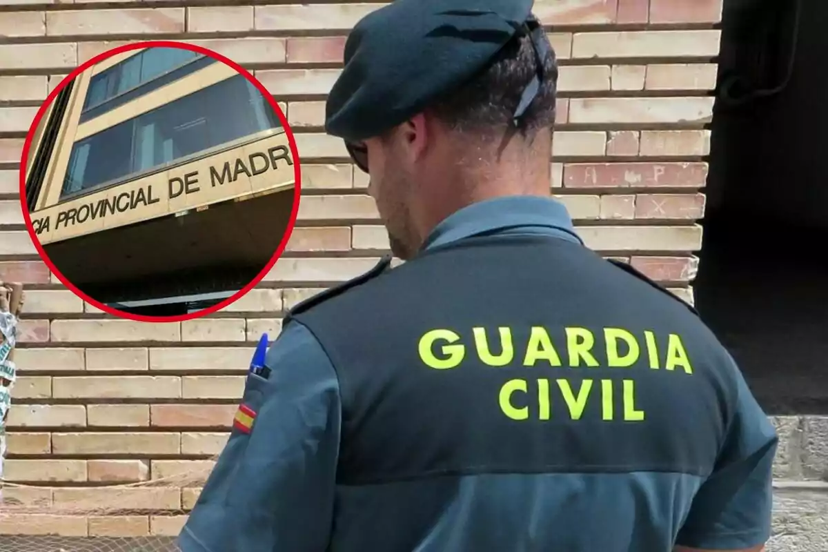 Un agente de la Guardia Civil de espaldas con un edificio de la Audiencia Provincial de Madrid en un círculo rojo.