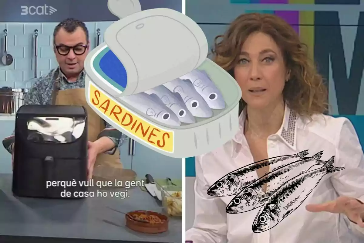 Un home en una cuina amb una fregidora d'aire i una dona en un estudi de televisió, tots dos amb il·lustracions de sardines superposades.