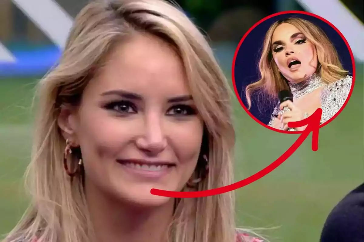 Dona rossa somrient en primer pla amb un cercle vermell que mostra una altra dona cantant a l’escenari i una fletxa que connecta ambdues imatges