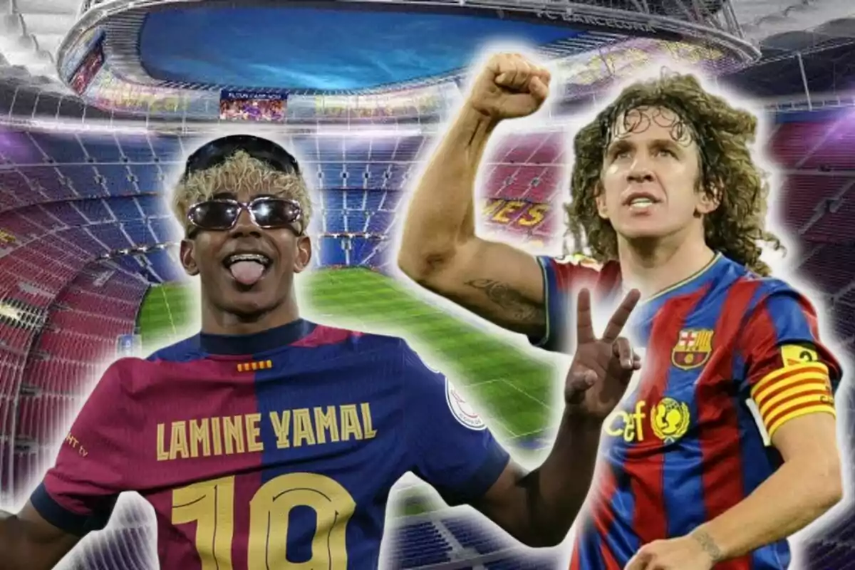 Dos futbolistes amb samarretes del FC Barcelona posen davant d'un estadi.