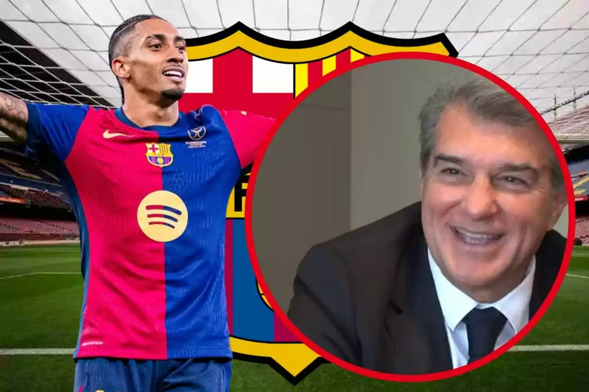 Un jugador de futbol amb l'uniforme del FC Barcelona aixeca els braços en un estadi mentre una imatge circular mostra un home somrient.
