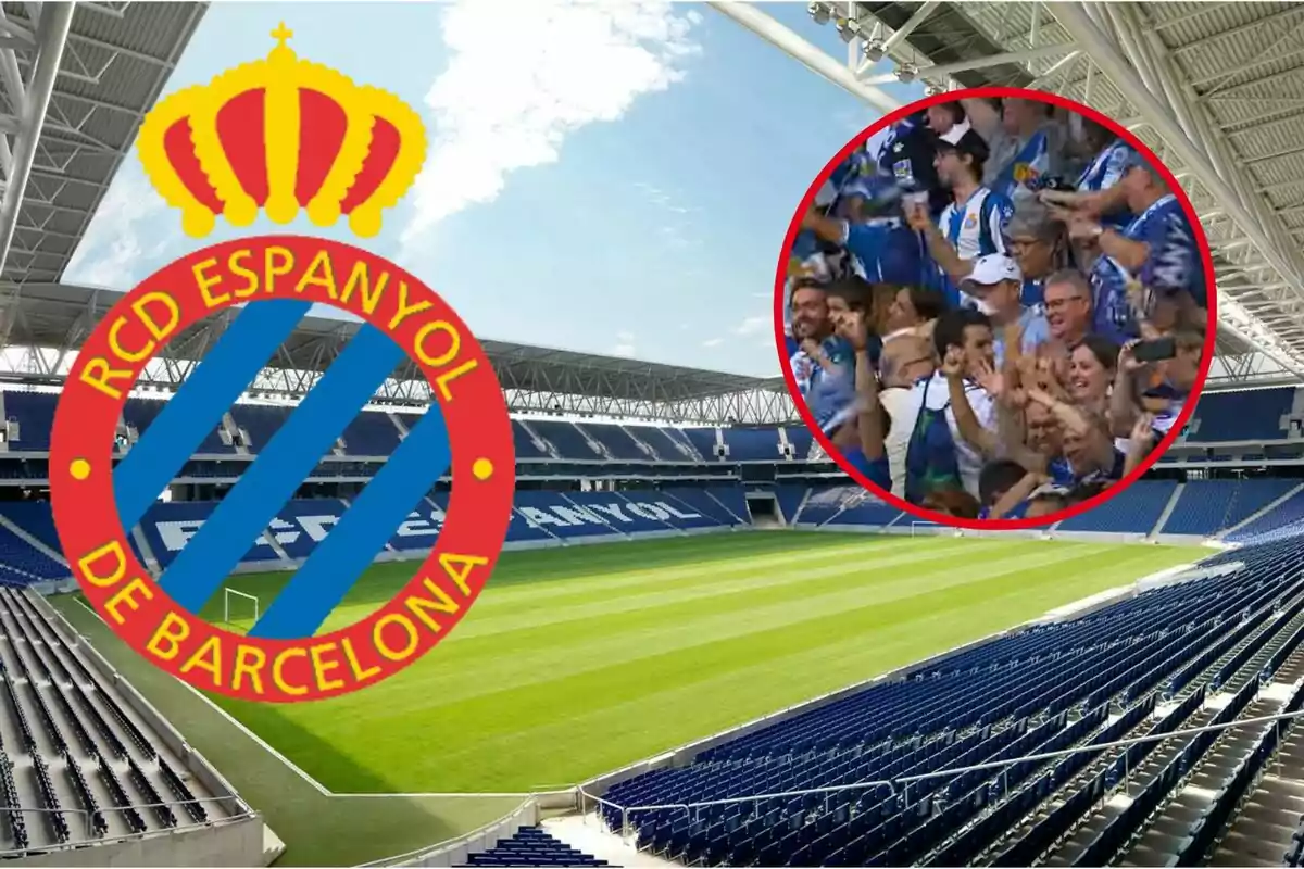 Escudo del RCD Espanyol sobre el estadio con un círculo mostrando a los aficionados celebrando.