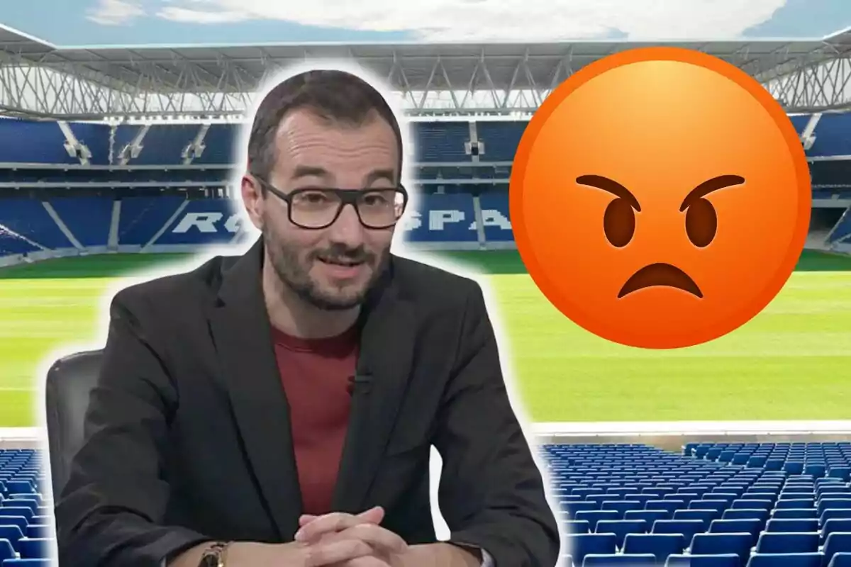 A man with glasses and a beard is sitting in a soccer stadium while an angry emoji floats beside him.