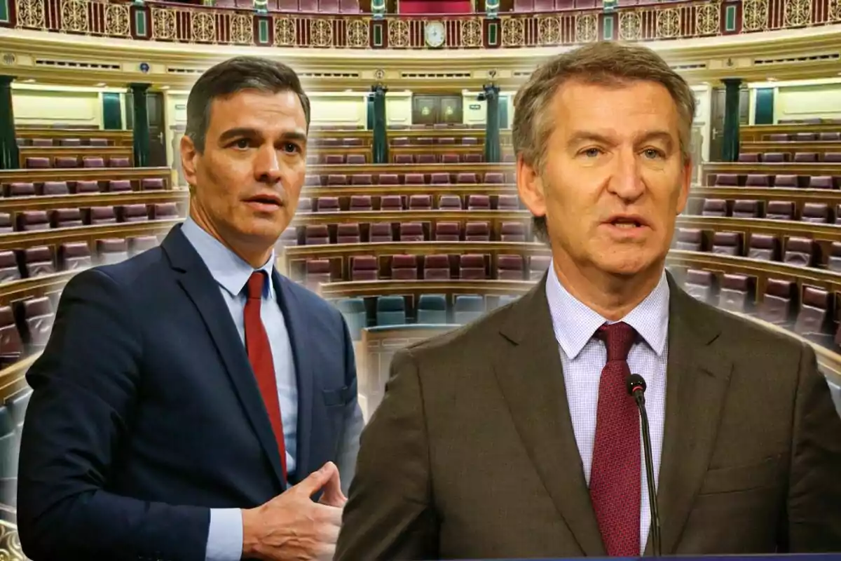 Dos hombres en traje frente a un hemiciclo vacío.