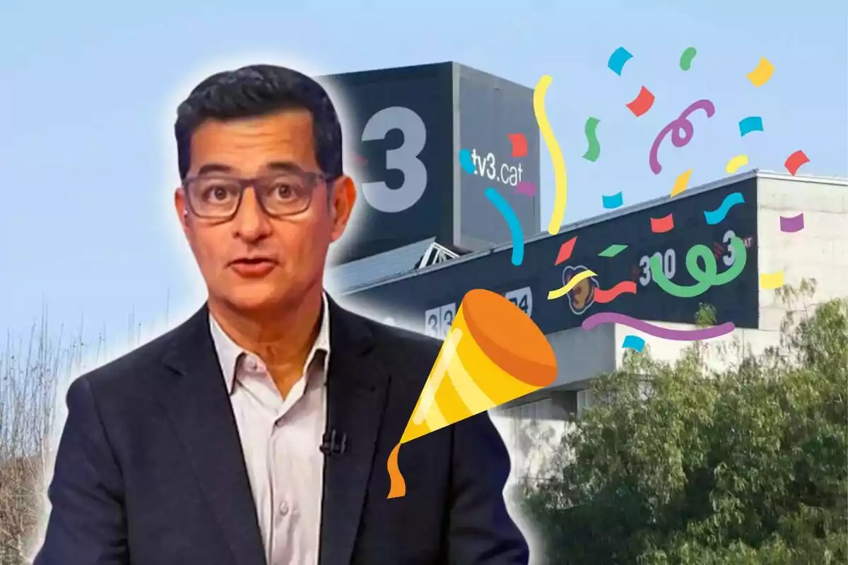 Un hombre con gafas y traje oscuro aparece frente a un edificio con el logo de "tv3.cat", rodeado de gráficos festivos como confeti y serpentinas.
