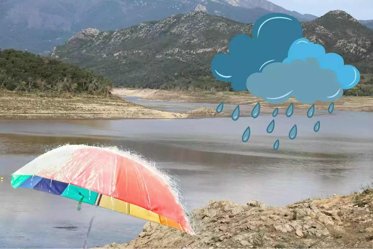 Un paisaje montañoso con un lago y un paraguas colorido en primer plano, junto a una ilustración de nube de lluvia.